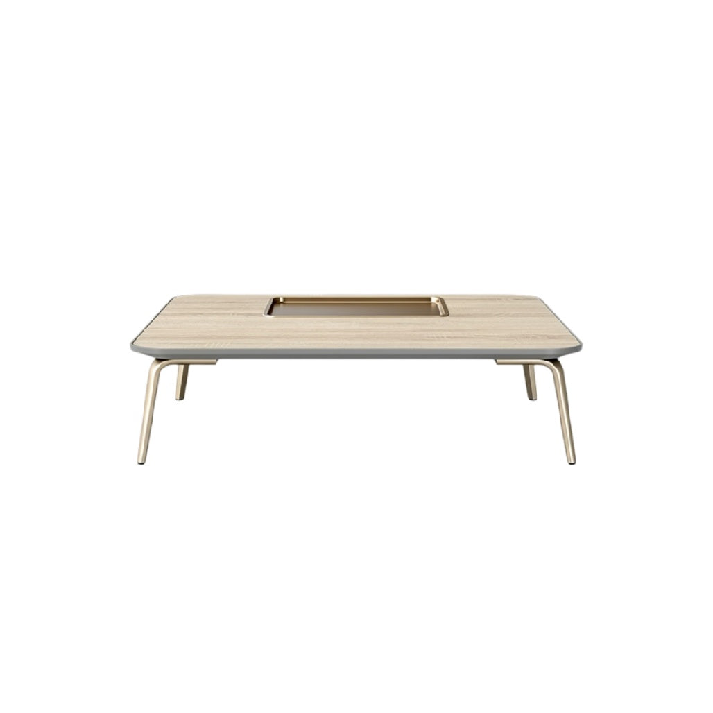**Table basse en bois avec trou central pour câbles**