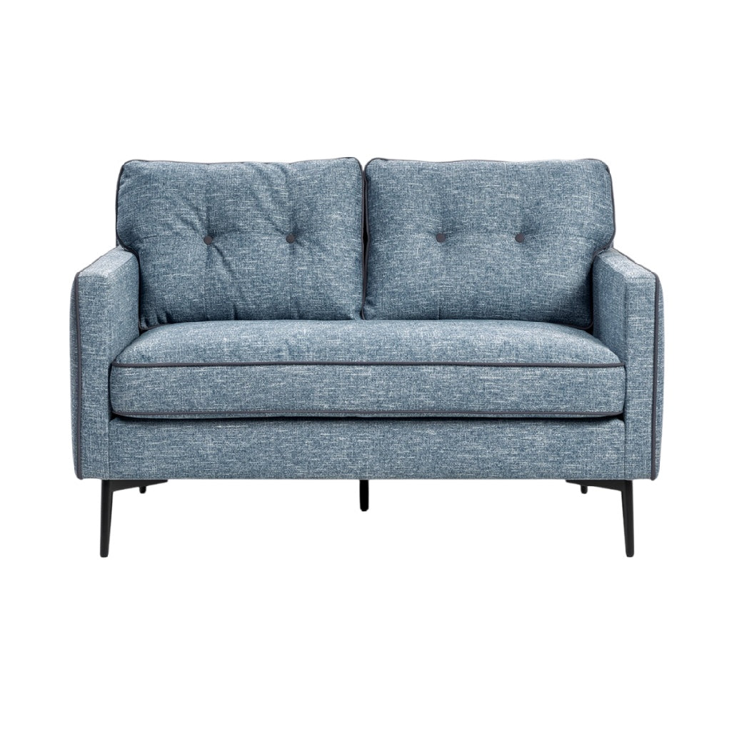 **Canapé moderne en tissu bleu avec accoudoirs et pieds en métal**